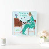 Art Deco Lady Auteur op schrijfbureau in het Blauw Vierkante Klok (Huis)