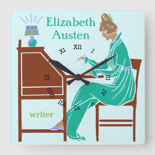 Art Deco Lady Auteur op schrijfbureau in het Blauw Vierkante Klok (Voorkant)