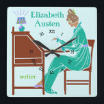 Art Deco Lady Auteur op schrijfbureau in het Blauw Vierkante Klok<br><div class="desc">Deze gepersonaliseerde vierkante wandklok heeft een Art Deco stencil. Een zwarte vrouw in een blauwgroen jurk zit aan een schrijfbureau met een opgezette pen terwijl een lamp naast haar schijnt. De achtergrond is lichtmunt blauw-groen. De vrouw ziet eruit alsof ze uit de 19e of vroege 20e eeuw komt. Het ontwerp...</div>