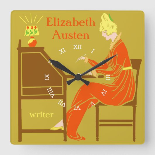 Art Deco Lady Auteur op schrijfbureau in Oranje Vierkante Klok (Voorkant)