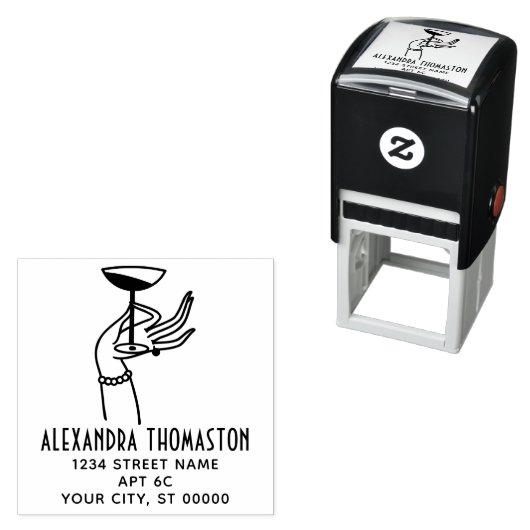 Art Deco Lady Hand Holding Champagne Glas Adres Zelfinktende Stempel (In situ)