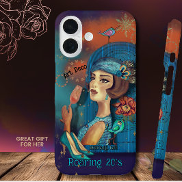 Art Deco Lady in blauwe jurk iPhone 16 Hoesje