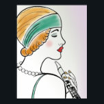 Art Deco Lady met Clarinet Poster<br><div class="desc">Een mooie digitale lijntekening van het profiel van een vrouw die een klarinet vasthoudt in een klassieke stijl van een deco. Ze heeft lichtbruin haar en draagt een blauwgroen hoofdband en parels, en heeft koraalrode lippenstift. Haar ogen zijn bijna gesloten, zodat haar wimpers er zijn. De achtergrond is een lichte...</div>