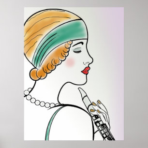 Art Deco Lady met Clarinet Poster