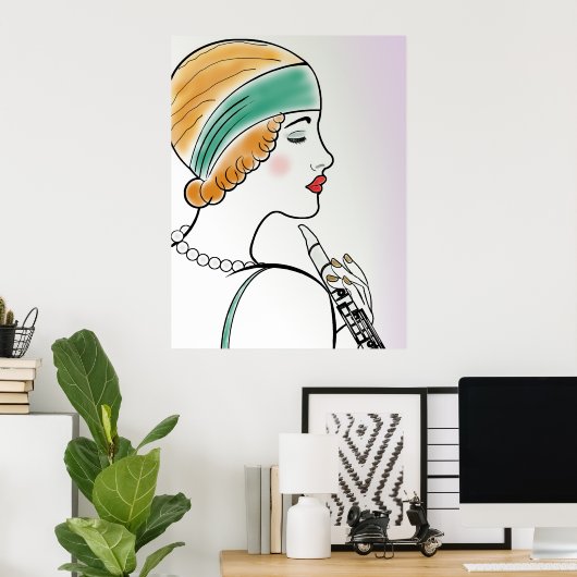 Art Deco Lady met Clarinet Poster (Thuiskantoor)