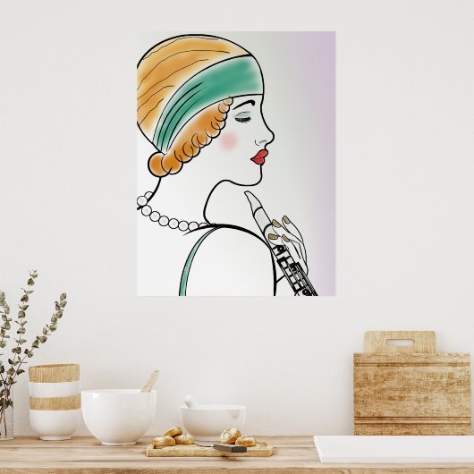 Art Deco Lady met Clarinet Poster (Keuken)