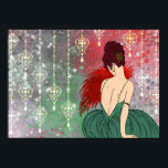 Art Deco Lady met juwelen - BIANCA: Kerstmis voorb Poster<br><div class="desc">Onze mooie Bianca is gekleed in een volle rok en haar top heeft riemen die bestaan uit sieraden. Ze houdt een fan van veren en zit vast tegen een achtergrond van subtiele grunge, stippen en sterren; bedekt met mooie hangende juwelen. Het haar van Bianca is een massa krullen in een...</div>