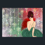 Art Deco Lady met juwelen - BIANCA: Kerstmis voorb Poster<br><div class="desc">Onze mooie Bianca is gekleed in een volle rok en haar top heeft riemen die bestaan uit sieraden. Ze houdt een fan van veren en zit vast tegen een achtergrond van subtiele grunge, stippen en sterren; bedekt met mooie hangende juwelen. Het haar van Bianca is een massa krullen in een...</div>