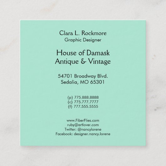 Art Deco Lady met juwelen - BIANCA:  zomer Vierkante Visitekaartje (Achterkant)