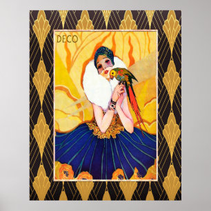 Art Deco Lady met Parrot Poster