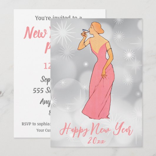  Art Deco Lady New Years Eve Party Kaart (Voorkant / Achterkant)