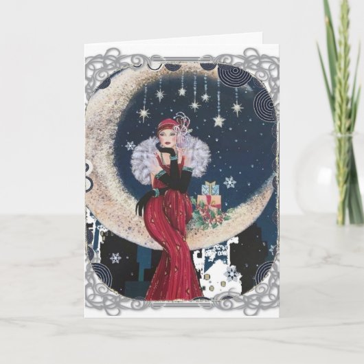 Art Deco Lady op de moonkerstkaart Kaart (Voorkant)