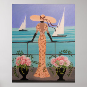 ART DECO LADY OP EEN BALCONY POSTER