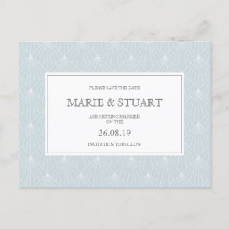 Art Deco Lichtblauwe Save the Date-ansichtkaart Uitnodiging Briefkaart