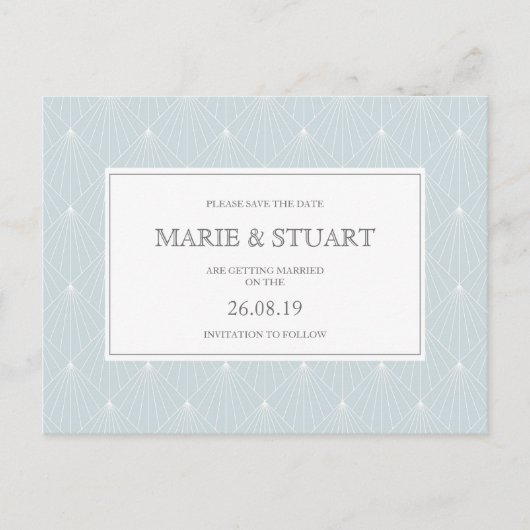Art Deco lichtblauwe Save the Date-ansichtkaart Uitnodiging Briefkaart (Voorkant)