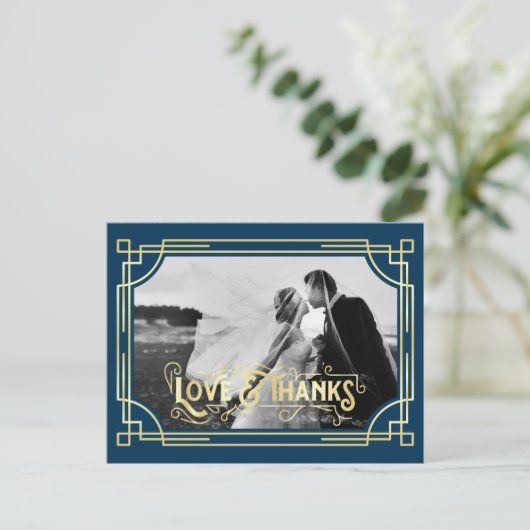 Art Deco Liefde & Bedankt Goud Donkerblauw Dank u Briefkaart (Staand voorkant)