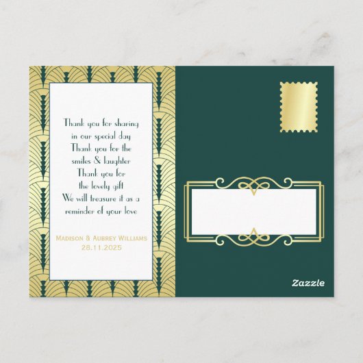 Art Deco Liefde & Bedankt Goud Donkergroen Dank u Briefkaart (Achterkant)