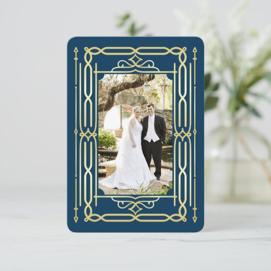 Art Deco Liefde & Bedankt Goudblauw Foto Dank u (Staand voorkant)