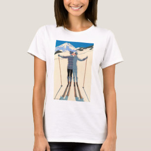  art deco liefde romantische kus op ski's sneeuw t-shirt