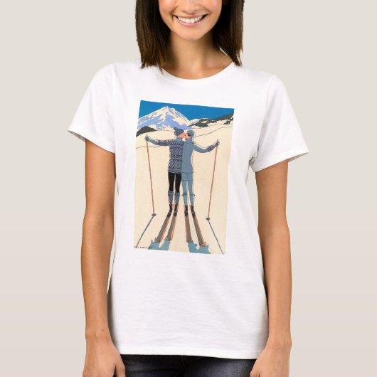  art deco liefde romantische kus op ski's sneeuw t-shirt (Voorkant)