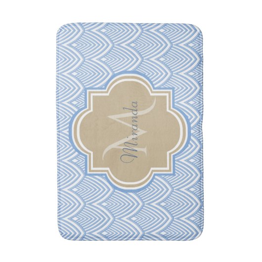 Art Deco Light Blue Fish Scales Tan Monogram Name Badmat (Voorkant Verticaal)