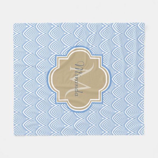 Art Deco Light Blue Fish Scales Tan Monogram Name Fleece Deken (Voorkant (Horizontaal))