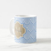 Art Deco Light Blue Fish Scales Tan Monogram Name Koffiemok (Voorkant links)