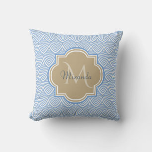 Art Deco Light Blue Fish Scales Tan Monogram Name Kussen