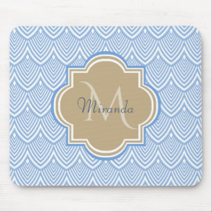 Art Deco Light Blue Fish Scales Tan Monogram Name Muismat