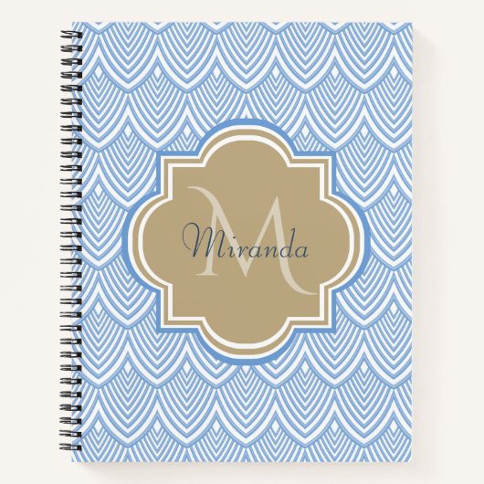 Art Deco Light Blue Fish Scales Tan Monogram Name Notitieboek (Voorkant)