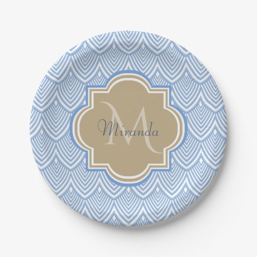 Art Deco Light Blue Fish Scales Tan Monogram Name Papieren Bordje (Voorkant)