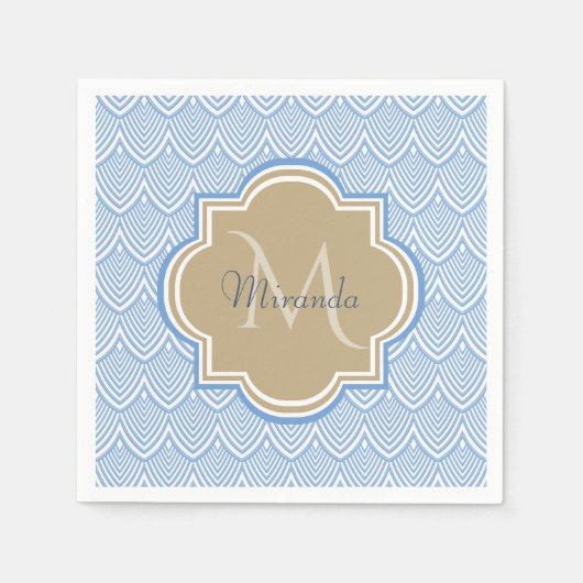 Art Deco Light Blue Fish Scales Tan Monogram Name Servetten (Voorkant)