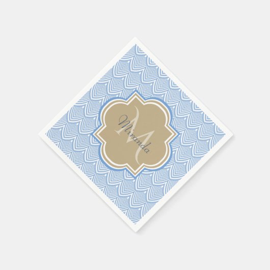 Art Deco Light Blue Fish Scales Tan Monogram Name Servetten (Hoek)