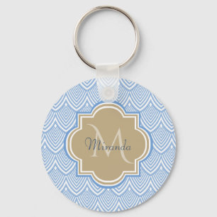 Art Deco Light Blue Fish Scales Tan Monogram Name Sleutelhanger