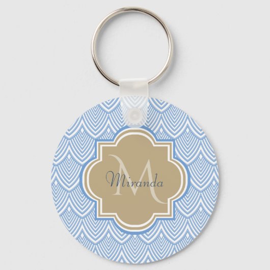Art Deco Light Blue Fish Scales Tan Monogram Name Sleutelhanger (Voorkant)