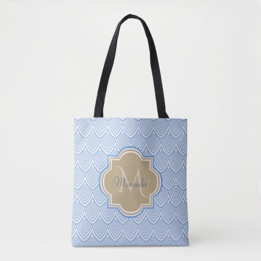 Art Deco Light Blue Fish Scales Tan Monogram Name Tote Bag (Voorkant)