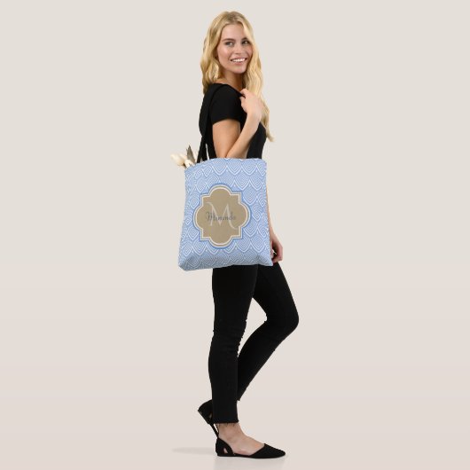 Art Deco Light Blue Fish Scales Tan Monogram Name Tote Bag (Op model)