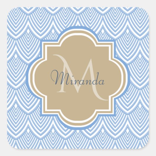 Art Deco Light Blue Fish Scales Tan Monogram Name Vierkante Sticker (Voorkant)