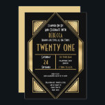 Art Deco Lijst 21st Birthday Gold Black Kaart<br><div class="desc">Glamoureuze stijl om je gasten uit te nodigen voor een aangrijpende avond in de jaren 20 met deze elegante gouden en zwarte Art Deco-stijl uitnodiging voor je 21ste verjaardagsfeestje. Aan de voorkant bevindt de typografie zich in een lijst met twintig stijlen en kunt u de typografie eenvoudig personaliseren met uw...</div>