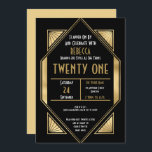Art Deco Lijst 21st Birthday Gold Black Kaart<br><div class="desc">Glamoureuze stijl om je gasten uit te nodigen voor een aangrijpende avond in de jaren 20 met deze elegante gouden en zwarte Art Deco-stijl uitnodiging voor je 21ste verjaardagsfeestje. Aan de voorkant bevindt de typografie zich in een lijst met twintig stijlen en kunt u de typografie eenvoudig personaliseren met uw...</div>