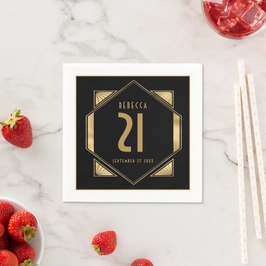 Art Deco Lijst 21st Birthday Name Date Gold Black Servet (Insitu)