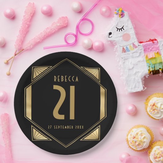 Art Deco Lijst 21st Birthday Name Date Papieren Bordje (Feest)