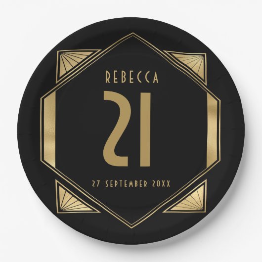 Art Deco Lijst 21st Birthday Name Date Papieren Bordje (Voorkant)