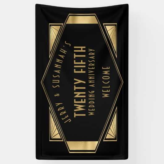 Art Deco Lijst 25e Jubileum Namen Goud Zwart Spandoek (Verticaal)