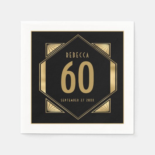 Art Deco Lijst 60e Verjaardag Naam Datum Goud Zwar Servet (Voorkant)