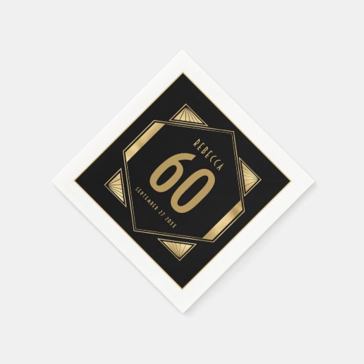 Art Deco Lijst 60e Verjaardag Naam Datum Goud Zwar Servet (Hoek)