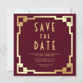 Art Deco Lijst Bordeauxrood Goud QR Code Bruiloft Save The Date (Voorkant)
