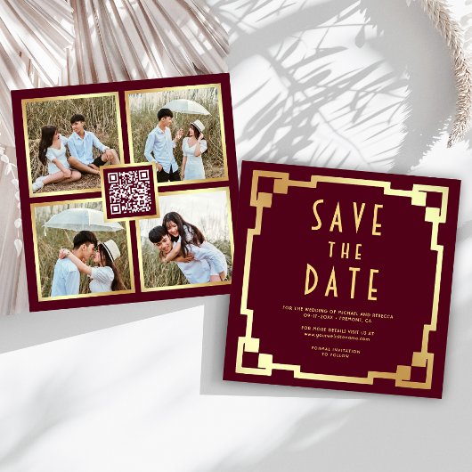 Art Deco Lijst Bordeauxrood Goud QR Code Bruiloft Save The Date