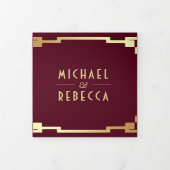 Art Deco Lijst Bourgogne Goud QR Code Bruiloft Drieluik Uitnodiging (Cover)