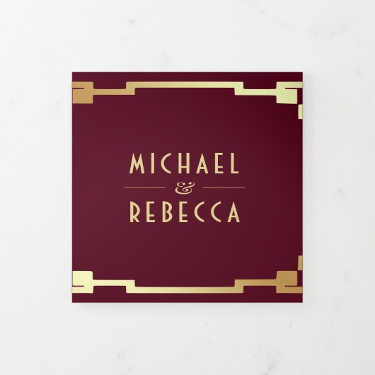 Art Deco Lijst Bourgogne Goud QR Code Bruiloft Drieluik Uitnodiging (Cover)